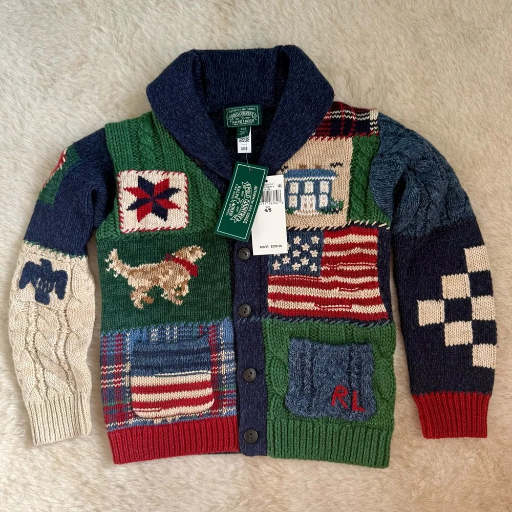 NWT! Ralph Lauren Patchwork Cotton-Blend Shawl Cardigan Boys size 4/5